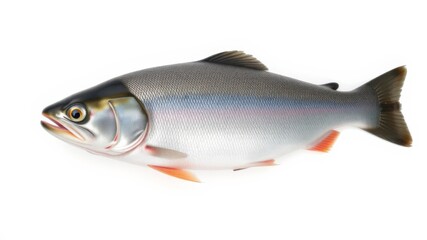 Obraz premium A fresh whole silver salmon fish lies on a plain white background perfect for seafood restaurant menus or cookbooks.