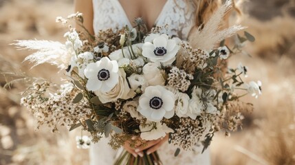Rustic organic bridal bouquet featuring wildflowers, dried grasses, and earthy tones


