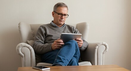 An older man uses a tablet while seated in a comfy armchair inside his home environment.