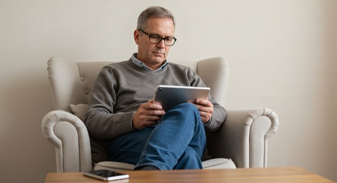 An older man uses a tablet while seated in a comfy armchair inside his home environment.
