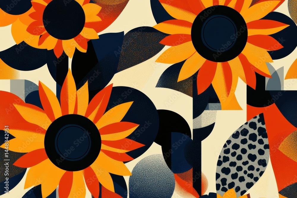 Poster bold abstract sunflower pattern with geometric elements and vibrant colors arranged in harmonious co