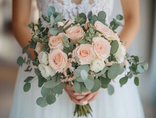 Romantic bridal portrait with soft pink rose bouquet and fresh greenery

