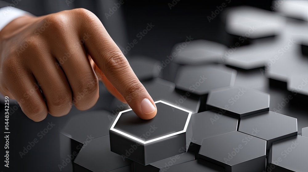 Poster a businessman touches a digital screen displaying a hexagon pattern, engaging in advanced business t