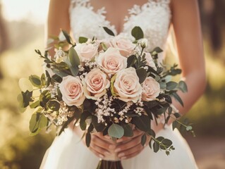 Bride holding delicate bouquet of pink roses and eucalyptus in natural sunlight

