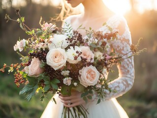 Bride holding a refined floral arrangement with wild berries, blush roses, and trailing vines, golden hour lighting, dreamy and elegant wedding setting 