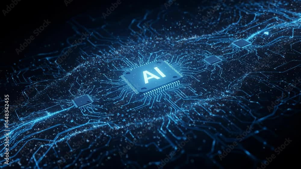 Poster electronic circuit board background with data flow visualization