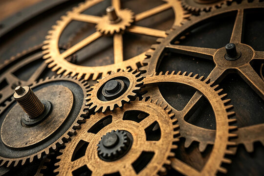 This close-up image captures a complex network of gears, evoking a sense of precision, intricacy, and mechanical functionality.