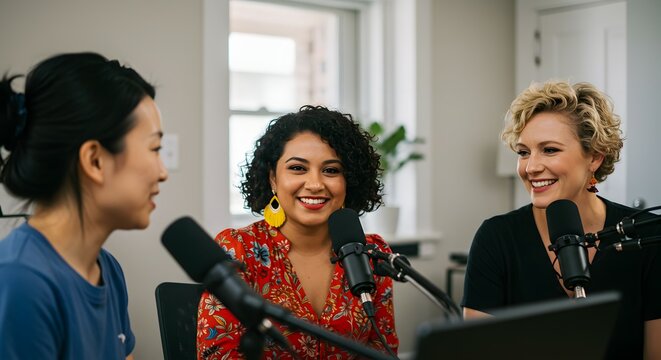 Three Diverse Women Podcast Hosts Engaging in Lively Conversation, Broadcasting their Show - Powered by Adobe