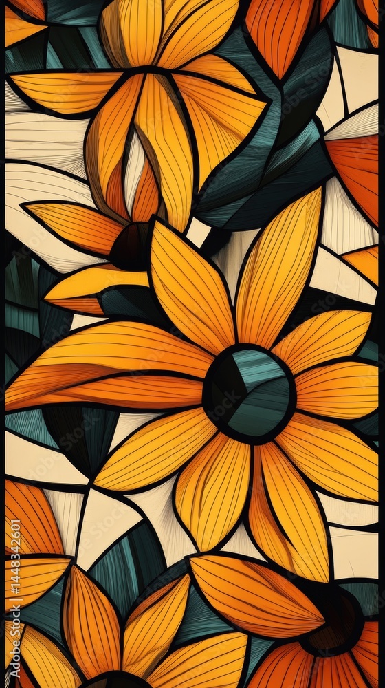 Poster vibrant abstract sunflower patterns with geometric elements enhancing movement and rhythm in contemp