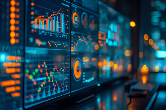Virtual screen displays diagrams, graphs, and data analysis technology, representing business strategy and financial growth concept     - Powered by Adobe