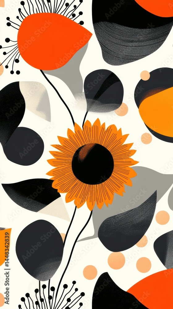 Poster modern abstract design of sunflowers with geometric elements showcasing rhythm and movement in a vib