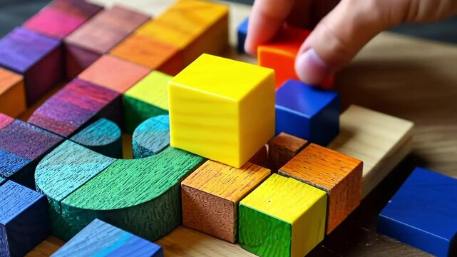 Hand picking colorful wooden block from a large group of blocks, representing selection, unique, and difference