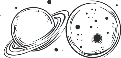 Black and white sketch illustration of two planets in space, one with rings and stars scattered around © vadymstock