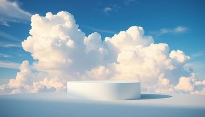 Soft white clouds form a floating podium against a serene sky backdrop Ample empty space, nature, texture