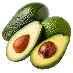 avocados slice and isolated on a rustic wooden board, with a white background