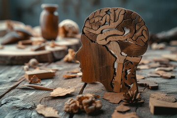 Wood background with a silhouette of a head and various parts, depicting mental exhaustion and brain fatigue, causing concentration problems   