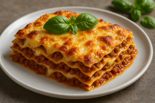Cheesy Italian Lasagna Slice with Fresh Basil on White Plate