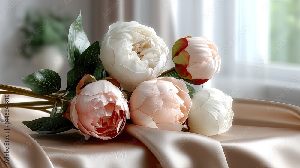 Poster silk peonies in delicate pink and white hues rest on a beige table in a softly lit environment, crea