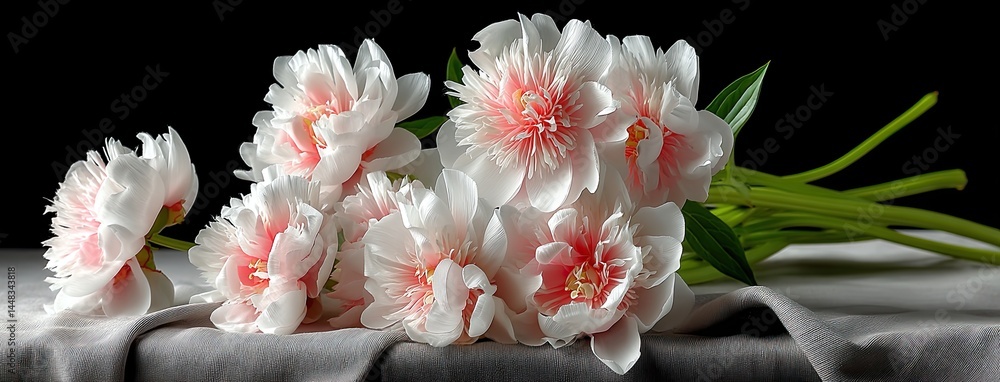 Poster silk peonies in delicate pink and white hues rest on a beige table in a softly lit environment, crea