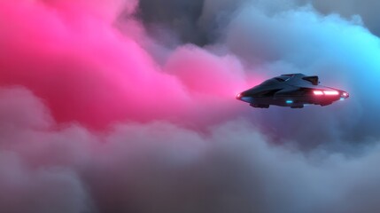 Futuristic spaceship soars through vibrant, swirling clouds of pink and blue