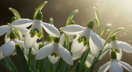 Blooming Snowdrop Flowers with Dewdrops in Gentle Sunlight