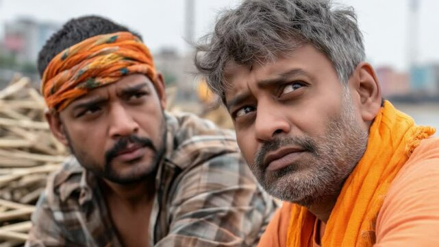 Reflections of Two Men in India: Two men in contemplative poses, captured in a natural and emotional photograph, share a moment of self-reflection on their life paths.