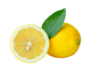 Side view of fresh ripe yellow lemon fruit with a half and green leaf isolated with clipping path in png file format