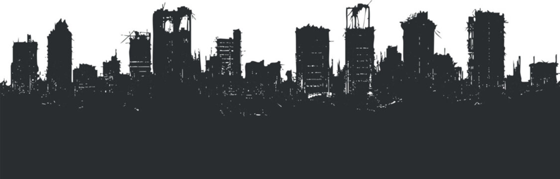 Black silhouette of a destroyed city skyline showing ruined and damaged buildings in an apocalyptic urban environment