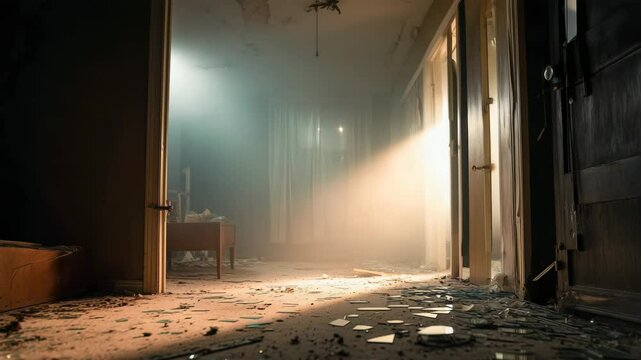 Abandoned Building Interior Sunbeam Dust Motes Shattered Glass Decay