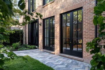 Modern brick house exterior features large black-framed windows and a winding pathway surrounded by lush greenery in a vibrant urban neighborhood during the day