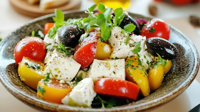 Close-up of a vibrant greek salad featuring fresh feta cheese, colorful cherry tomatoes, kalamata olives, and herbs