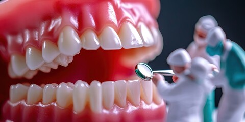 Obraz premium close-up of a dental arch with smooth, clean, and white teeth. Tiny, lifelike miniature dentists in white uniforms