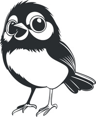 Black and white cartoon illustration of a small cute bird with big eyes and rounded body