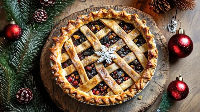 Festive berry pie on rustic table with holiday decorations
