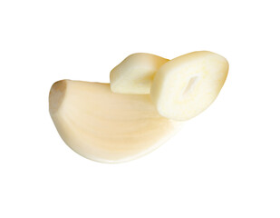 Top view of peeled garlic cloves with slices in stack isolated on white background with clipping path