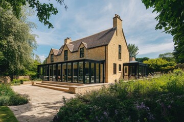 Fototapeta premium Charming countryside home features large glass extension surrounded by lush green landscape and manicured gardens under bright blue sky