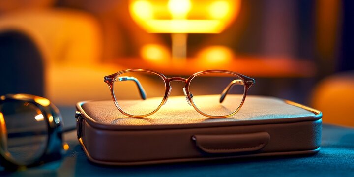 A pair of stylish glasses rests on a soft case. The warm lighting creates a cozy atmosphere. Perfect for showcasing eyewear accessories or home decor. A blend of function and fashion. AI