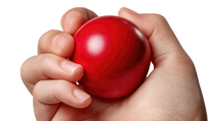 Holding Red Sphere: A human hand firmly grasps a vibrant red sphere, symbolizing focus, control, and interaction in a studio shot.