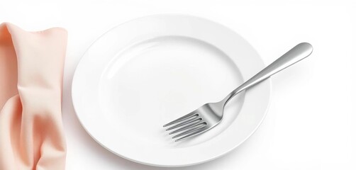 Clean white plate, fork and knife, isolated on white background, empty plate,  home