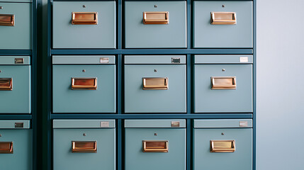 A row of blue filing cabinets with gold handles