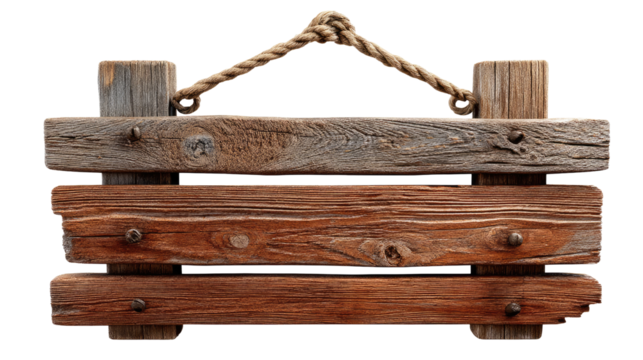 Rustic Wooden Sign with Rope: A weathered, hand-crafted wooden sign, suspended by a natural rope, speaks of heritage, warmth and invites curiosity.