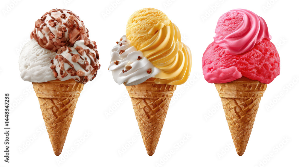 Poster ice cream cone trio: indulge in a delightful display of three vibrant ice cream cones, each boasting