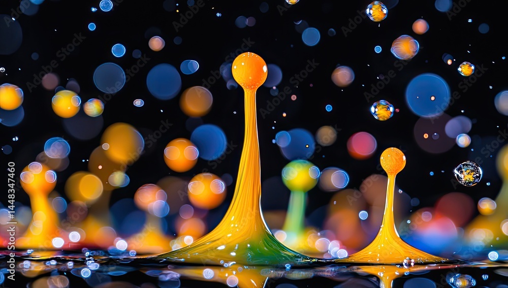 Poster vibrant liquid droplets collide, creating colorful, abstract shapes against a bokeh background