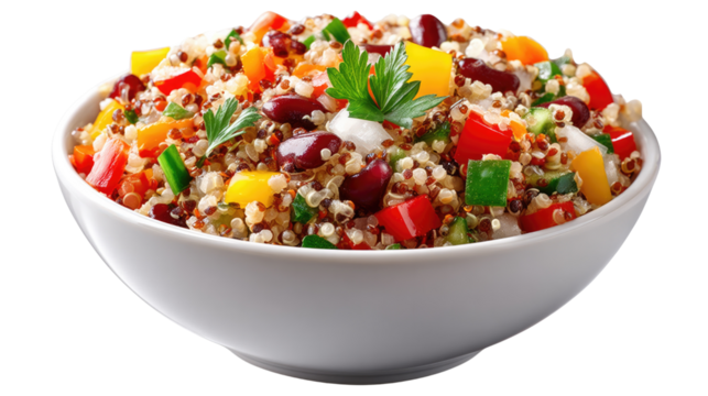 Quinoa Salad: A vibrant and nutritious quinoa salad in a white bowl, bursting with colorful bell peppers, kidney beans, and fresh parsley. Capturing the essence of health and culinary delight.