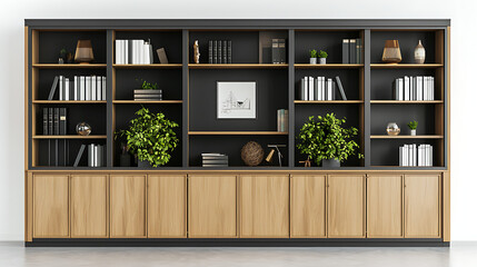 A large bookcase with a black frame and wooden shelves