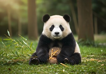 Obraz premium Adorable Giant Panda Cub Amidst Lush Bamboo in its Natural Habitat