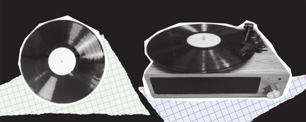 Retro grunge halftone dotted texture vintage magazine style music collage element for mixed media design punk crazy pop art. vinyl record player isolated on background.