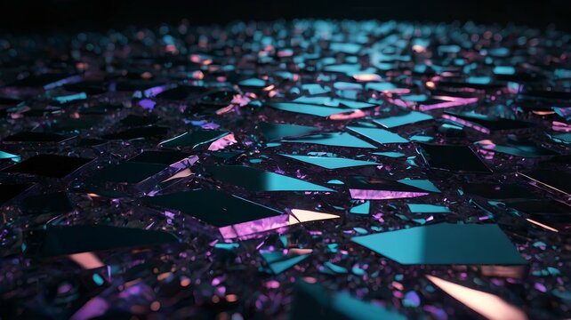A futuristic 3D render featuring a large crystal surrounded by shattered glass fragments on a reflective surface. Illuminated by neon blue and pink lights, the scene evokes a surreal, abstract