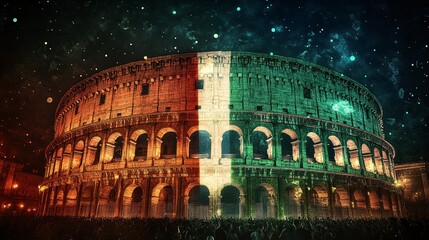 Nighttime view of the coliseum with italian flag colors.