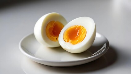 Perfectly boiled egg sliced in half on a small white ceramic plate, warm yellow yolk glowing, softly blurred background  
